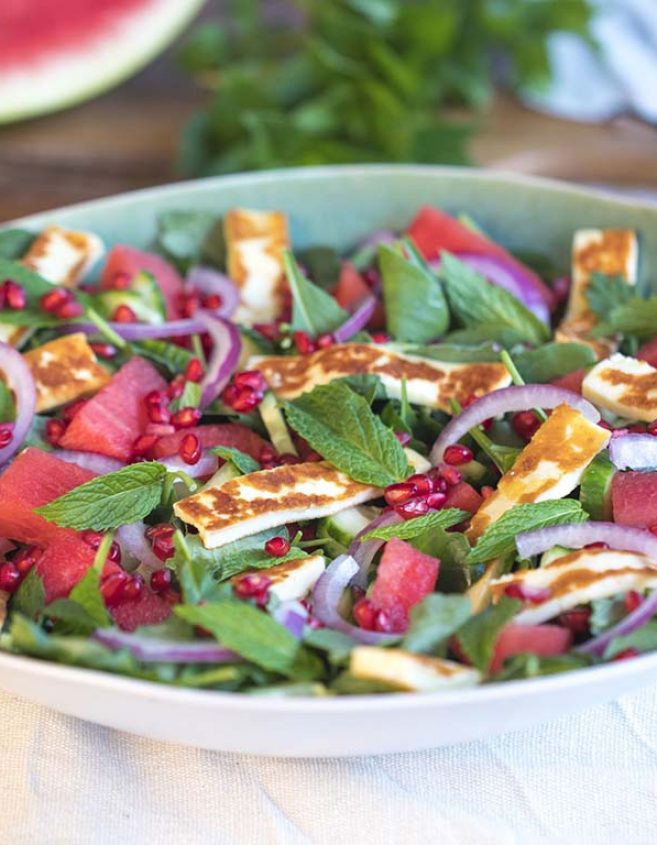 WATERMELON, KALE, SPINACH & HALLOUMI SALAD RECIPE