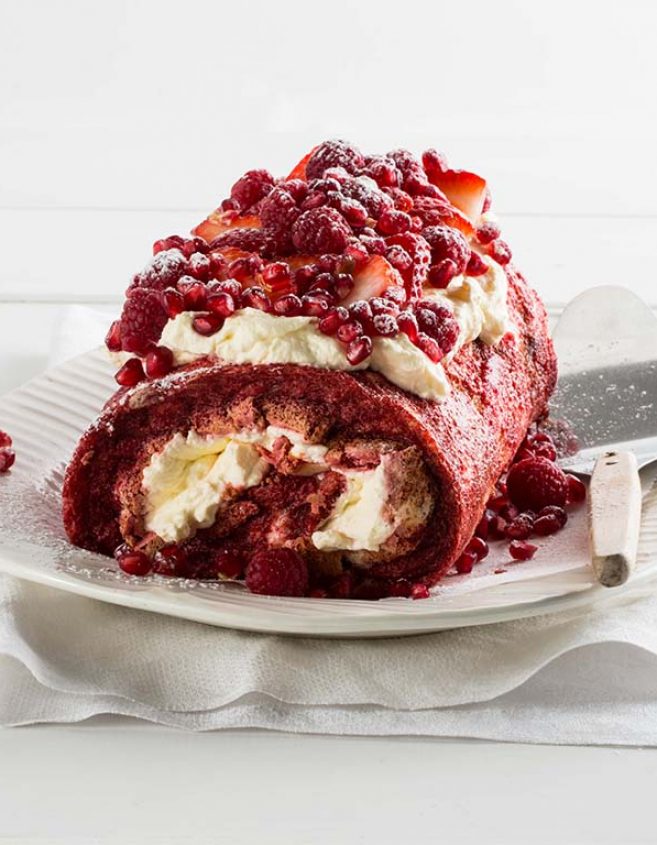 BEETROOT AND BERRY MERINGUE ROULADE WITH WHIPPED CREAM