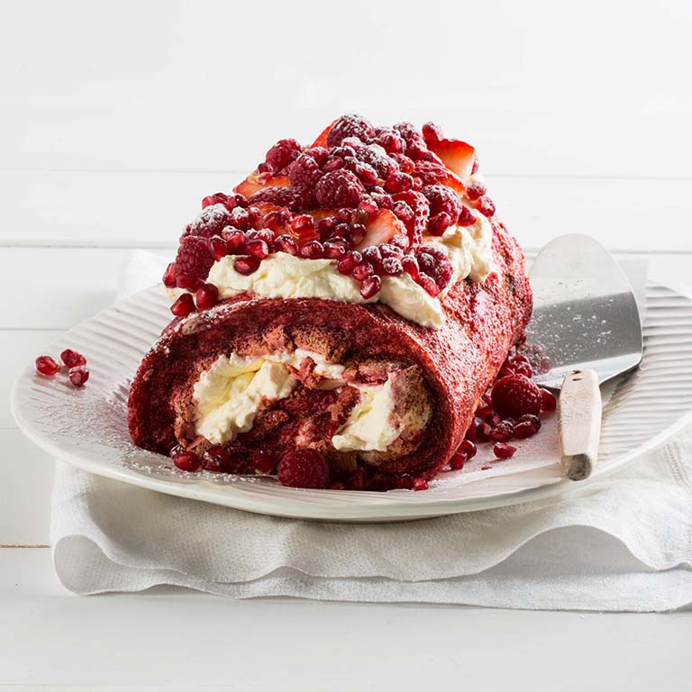 BEETROOT AND BERRY MERINGUE ROULADE WITH WHIPPED CREAM