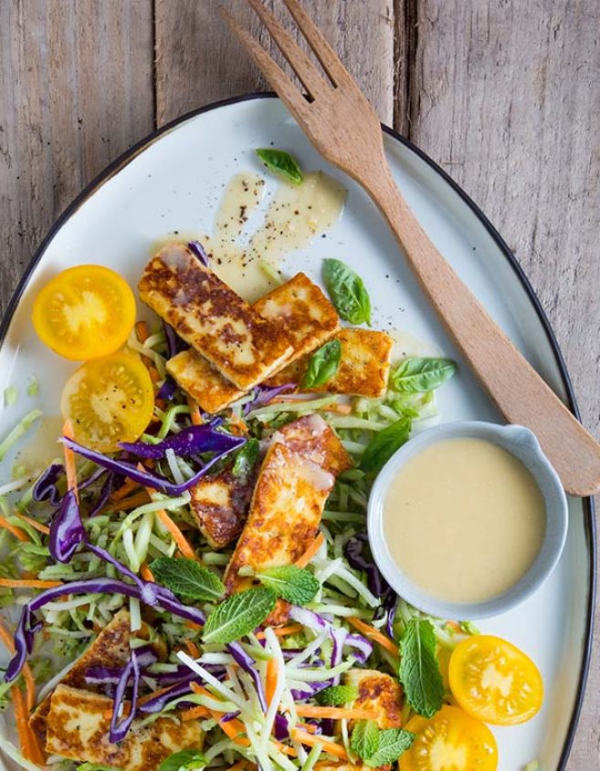 BROCCOSLAW WITH HALOUMI AND MISO CITRUS DRESSING