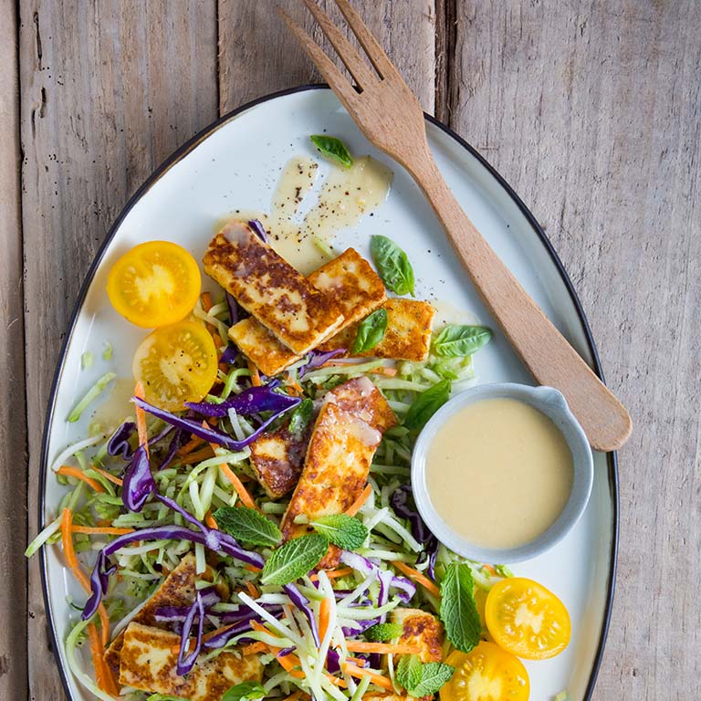BROCCOSLAW WITH HALOUMI AND MISO CITRUS DRESSING