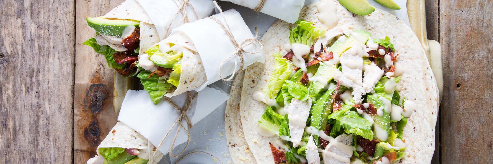 CAESAR SALAD, BACON AND AVOCADO WRAPS