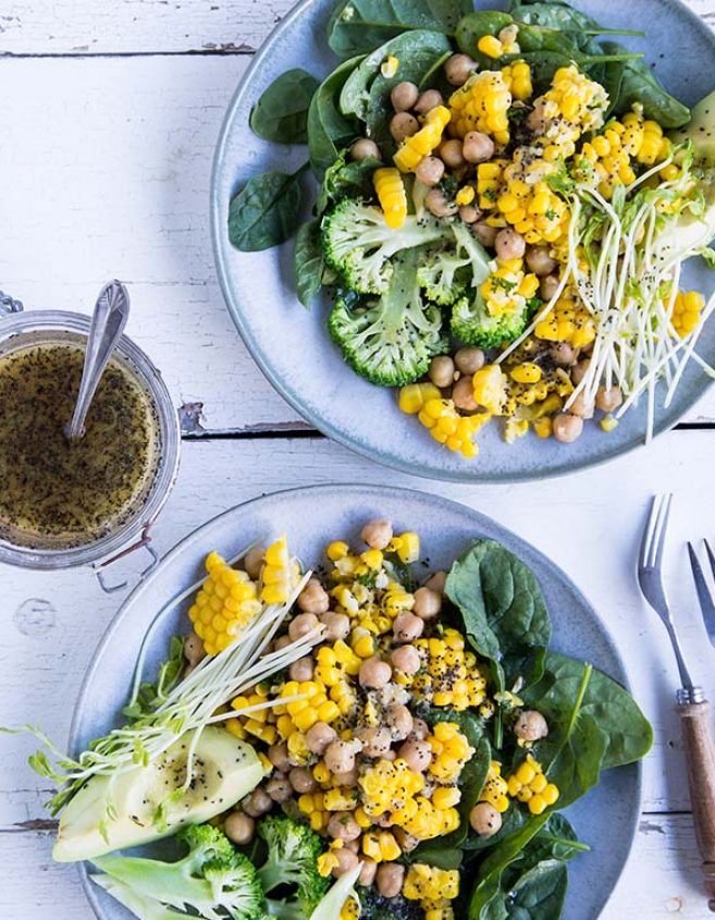 SWEETCORN & AVOCADO SALAD WITH LEMON POPPYSEED DRESSING SQUARE