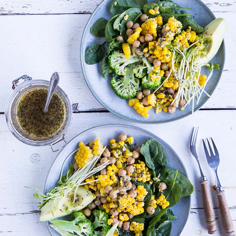 SWEETCORN & AVOCADO SALAD WITH LEMON POPPYSEED DRESSING SQUARE