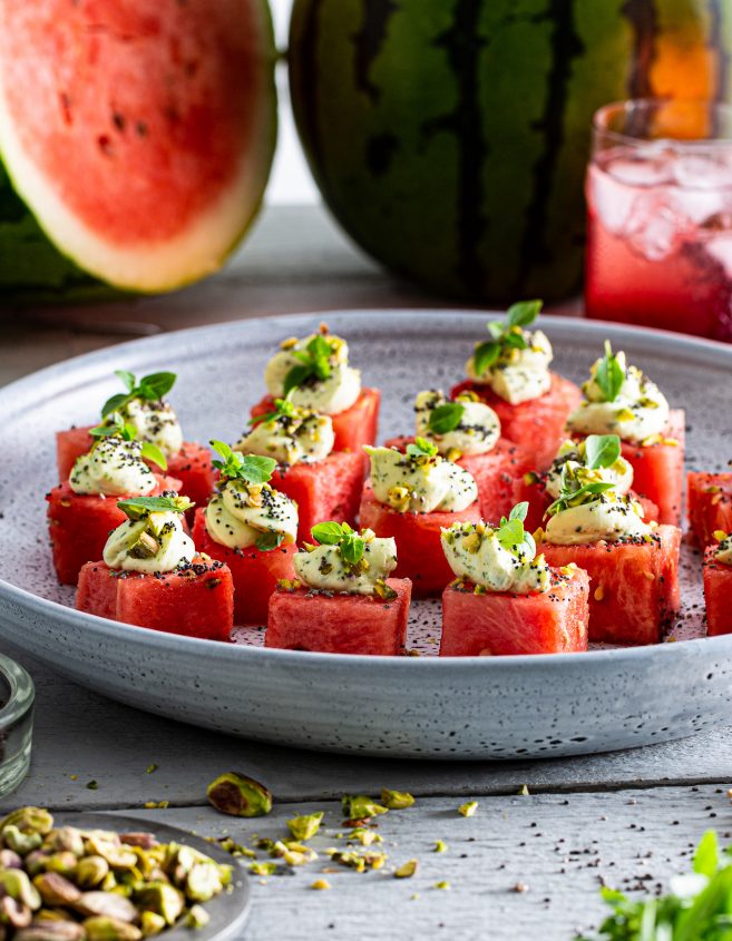 LEADERBRAND WATERMELON SQUARES WITH WHIPPED BASIL FETA RECIPE