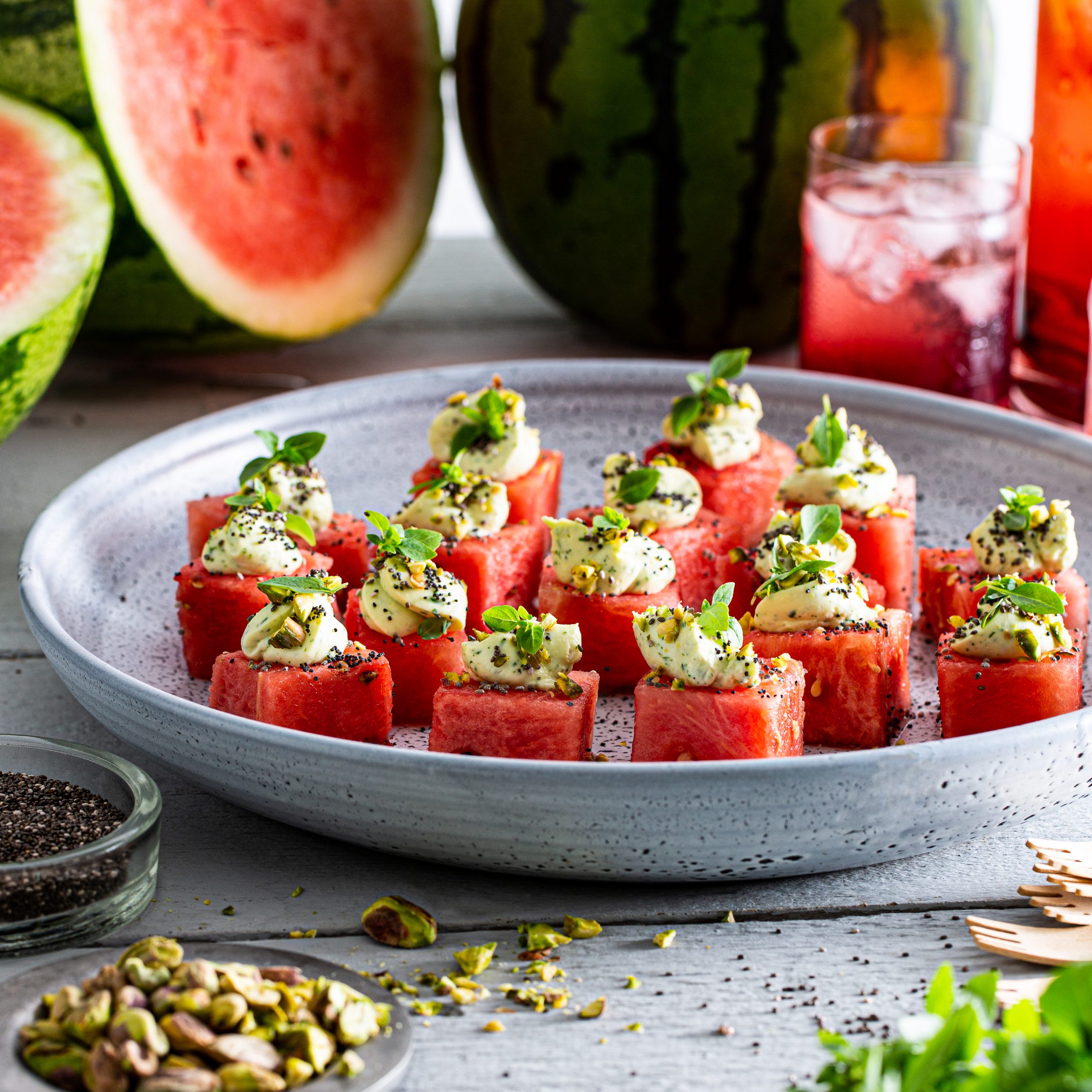 LEADERBRAND WATERMELON SQUARES WITH WHIPPED BASIL FETA RECIPE