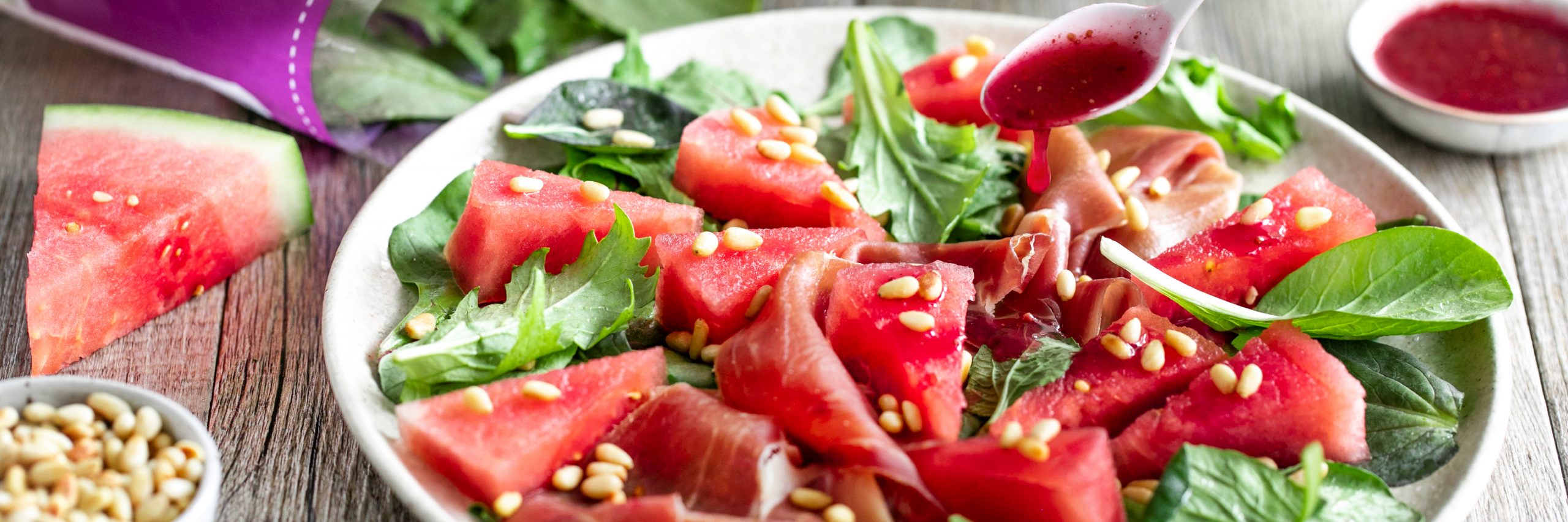 LEADERBRAND WATERMELON, PROSCIUTTO SALAD WITH RASPBERRY DRESSING RECIPE