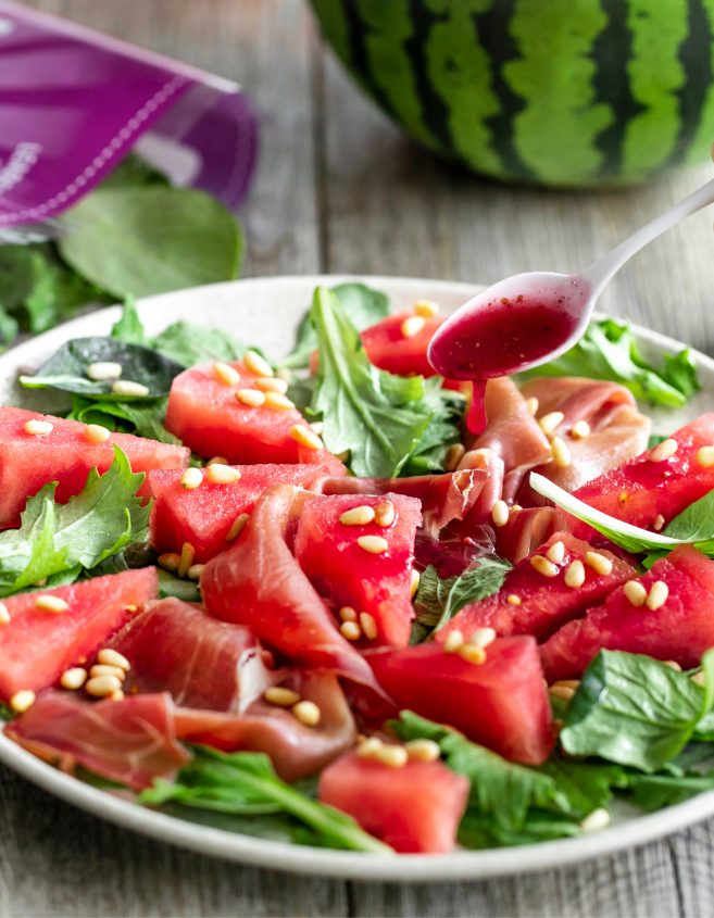 LEADERBRAND WATERMELON, PROSCIUTTO SALAD WITH RASPBERRY DRESSING RECIPE