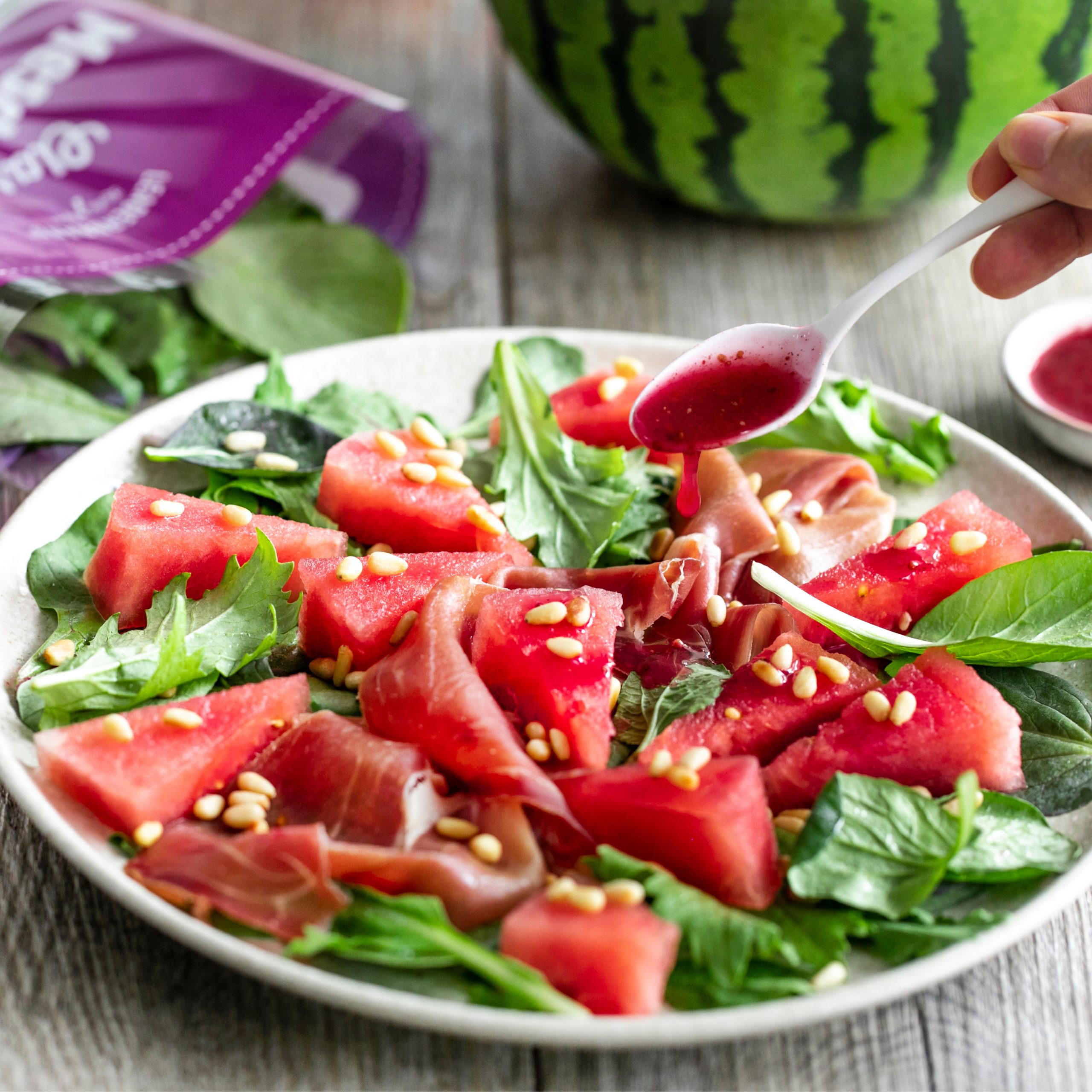 LEADERBRAND WATERMELON, PROSCIUTTO SALAD WITH RASPBERRY DRESSING RECIPE