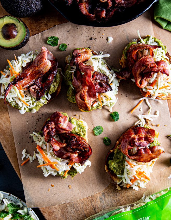 Coleslaw and bacon open sandwiches