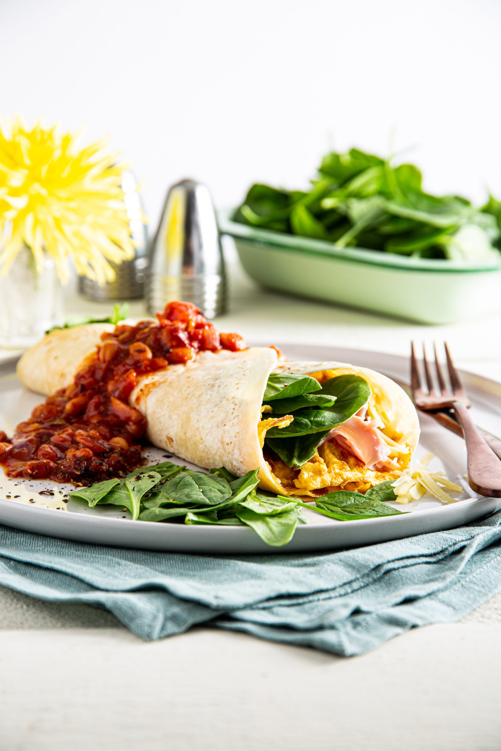 BREAKFAST EGG & SPINACH TORTILLAS WITH BEAN SALAD LeaderBrand